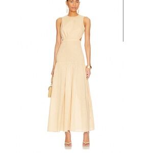 SNDYS Everyday Lottie Dress Oat Tan Smocked Open Back Midi Cut Out XS NWT